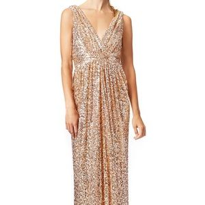 Badgley Mischka: V Neck Sequin Gold Gown